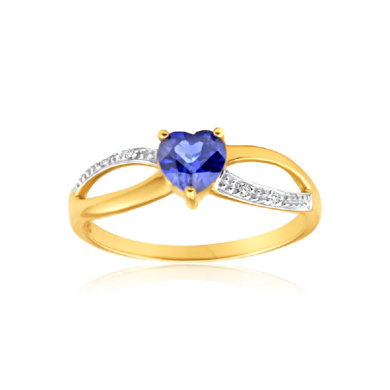 9ct Charming Yellow Gold Created Sapphire + Diamond Ring