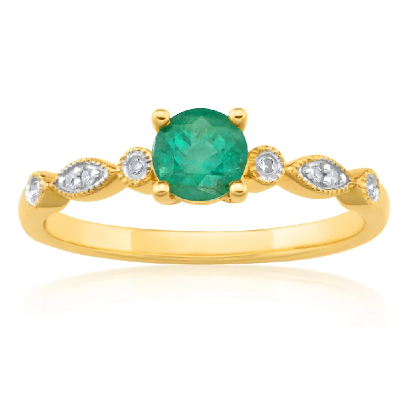 9ct Yellow Gold 0.53ct Natural Emerald and Diamond Ring