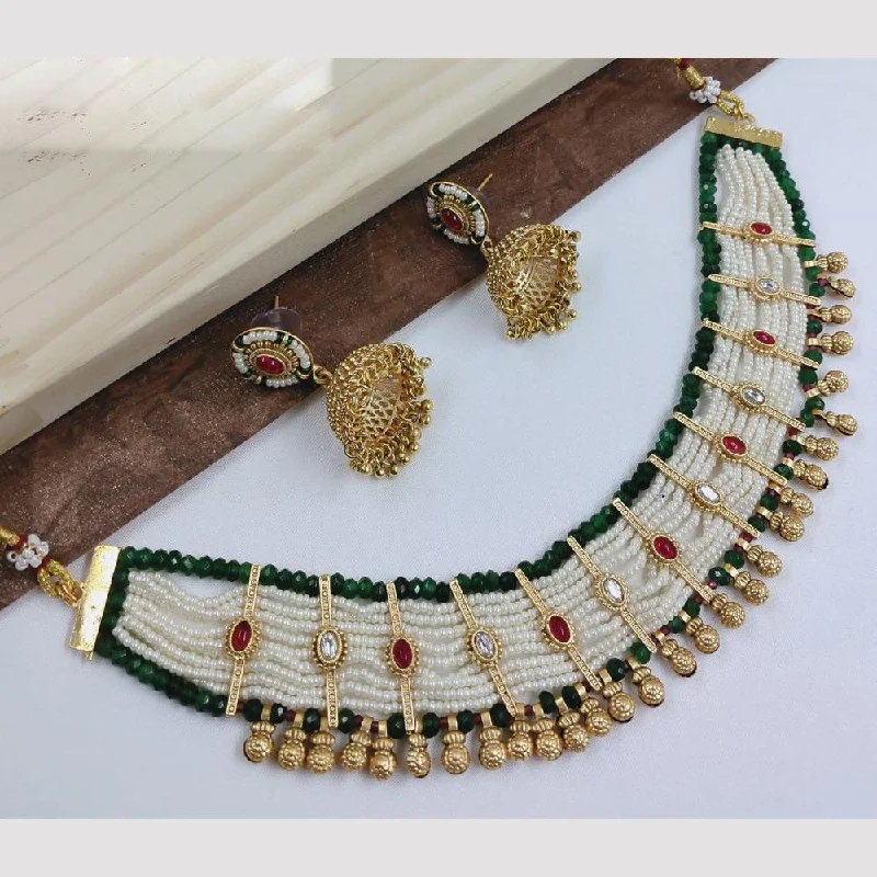 women’s wedding day necklace-FS Collection Gold Plated Kundan Stone And Pearls Choker Necklace Set