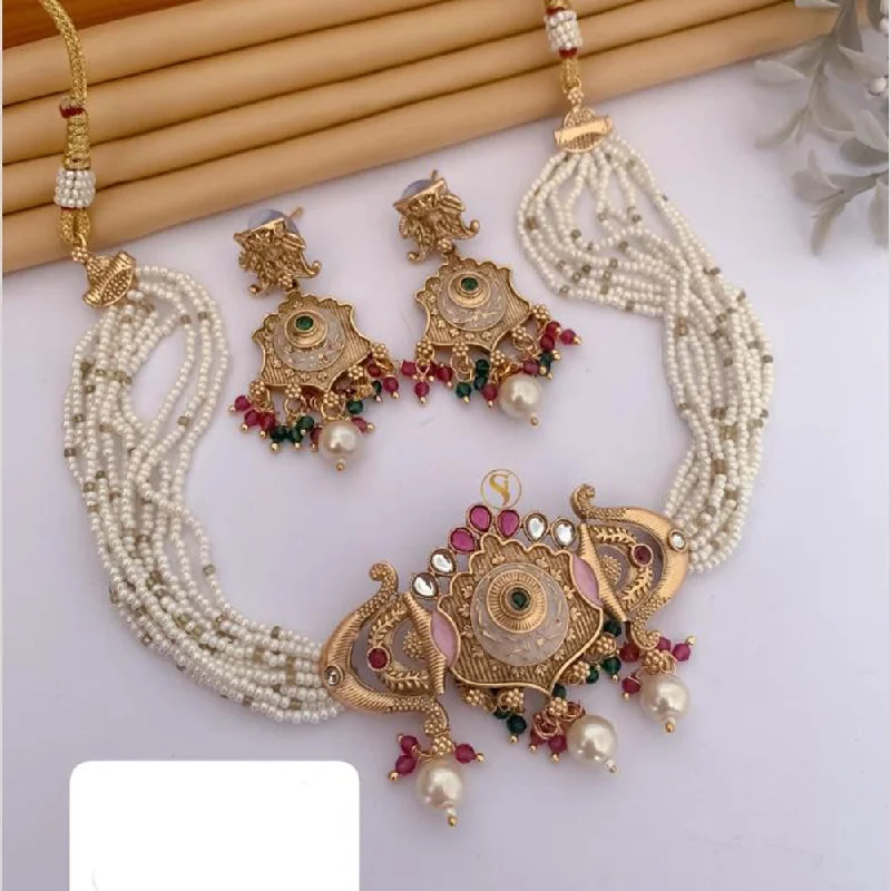 women’s elegant necklace-FS Collection Gold Plated Pota Stone And Pearls Choker Meenakari  Necklace Set