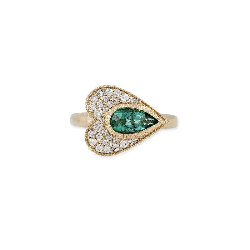 women’s birthday rings-EMERALD TEARDROP PAVE SIDEWAYS HEART RING