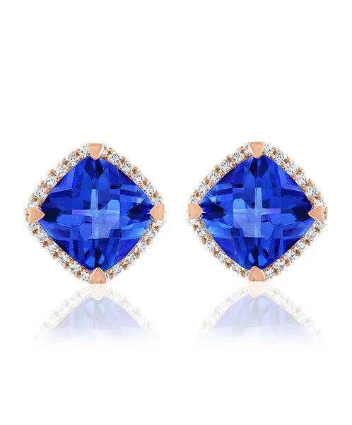 women’s pearl earrings-Tanzanite Cushion Shaped Stud Earrings with Diamonds 291-JSA