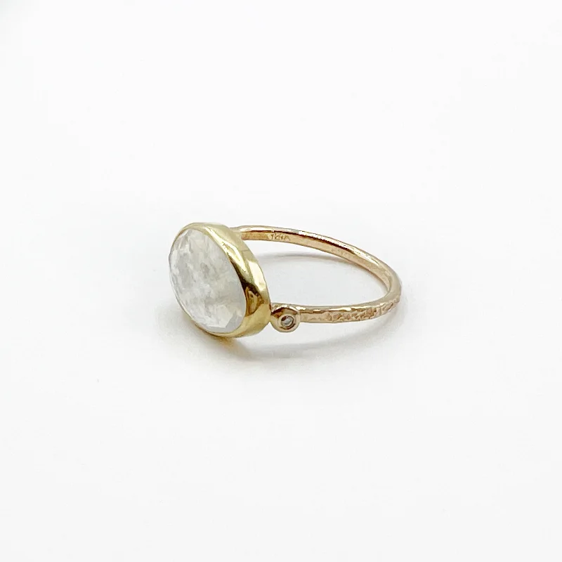 Pear Shaped Rose Cut Moonstone set in 14 Karat Yellow Gold with 18 Karat Yellow Gold Bezel Diamond Ring