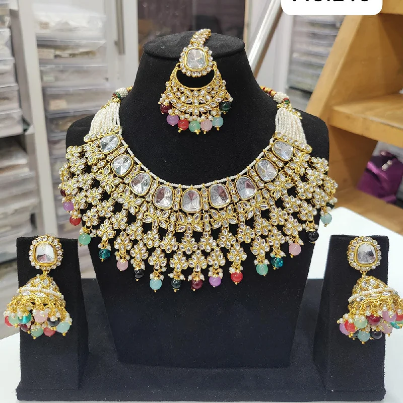 women’s gold bar necklace-JCM Gold Plated Kundan Stone Pearls And Beads Necklace Set