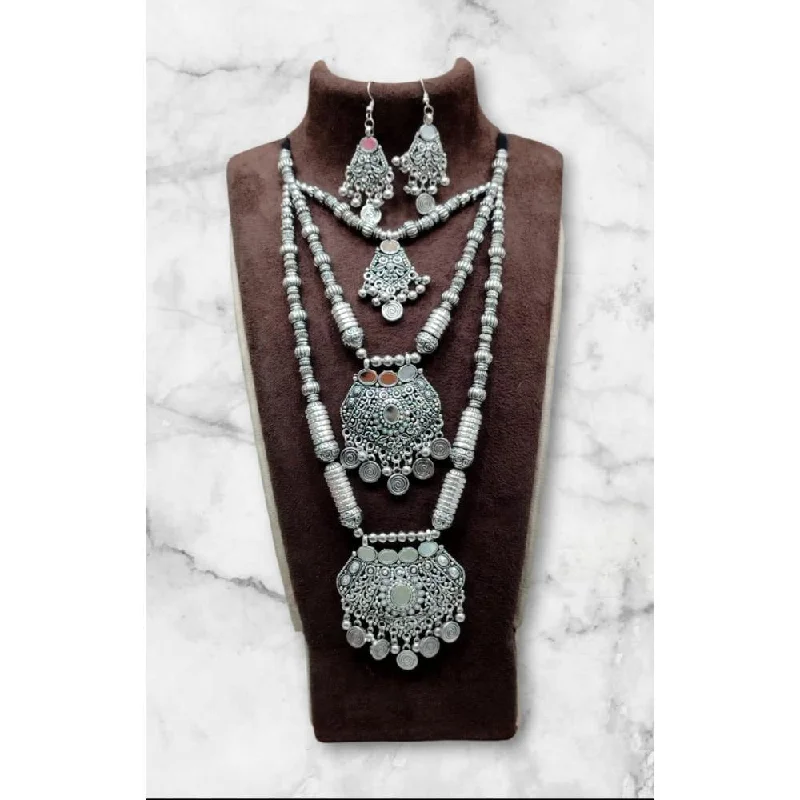 women’s luxury necklace-Akruti Collection Oxidised  Plated Long mirror Necklace Set