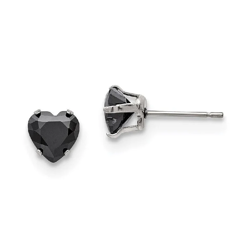 women’s pearl stud earrings-Stainless Steel Polished 7mm Black Heart CZ Stud Post Earrings