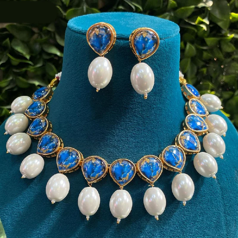 women’s elegant necklace-Royal Kundan Jewellery Gold Plated Druzy Stone And Pearls Necklace Set