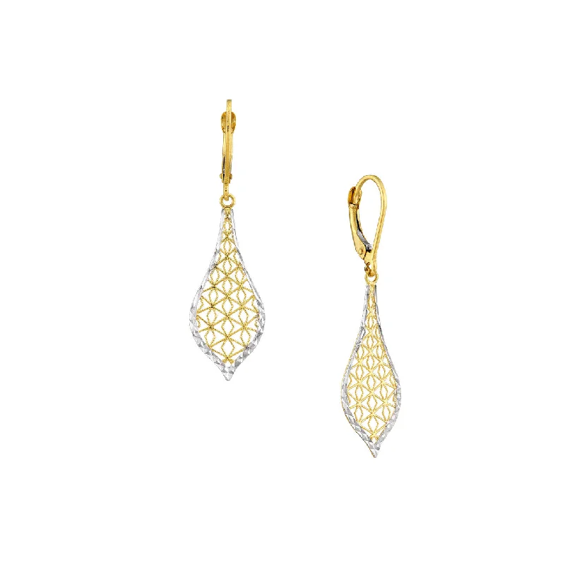 women’s huggie earrings-14K Two Tone Yellow and White Gold Filigree Teardrop Dangle Earrings