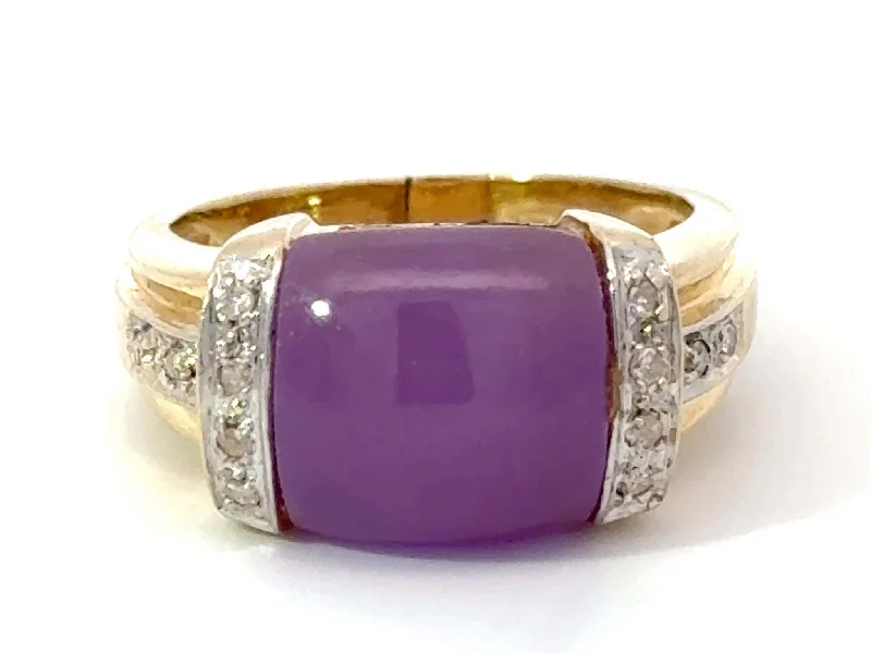 Purple Square Cabochon Jade and Diamond Ring 14k Yellow Gold