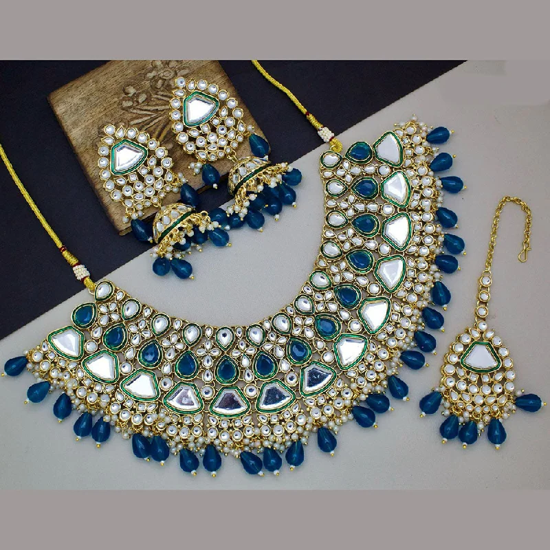 women’s pearl necklace-JCM Gold Plated Kundan Stone And Beads Necklace Set