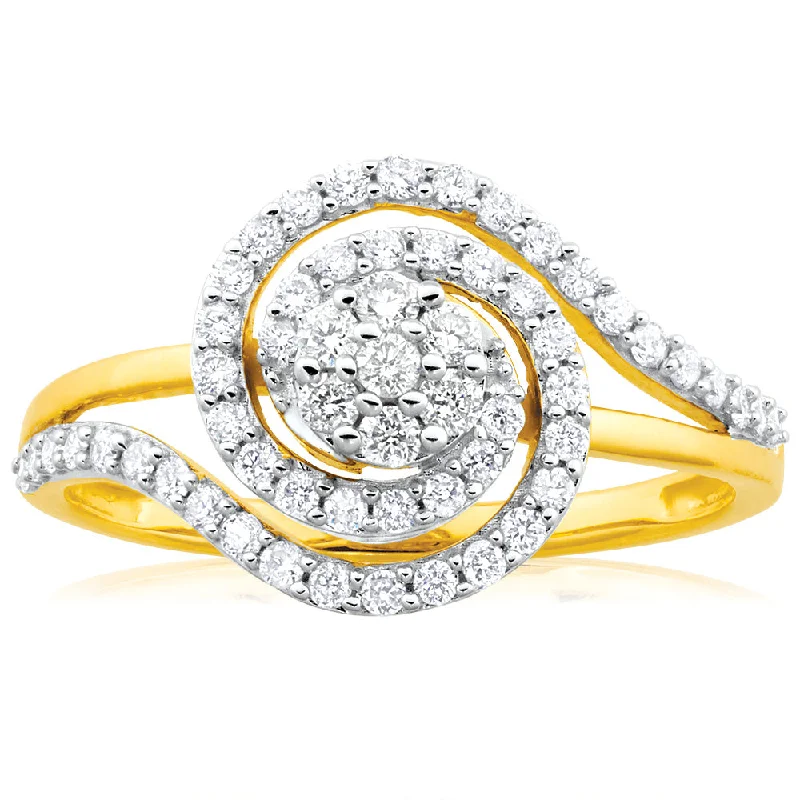 9ct Yellow Gold 1/2 Carat Diamond Ring Set with 59 Stunning Brilliant Diamonds