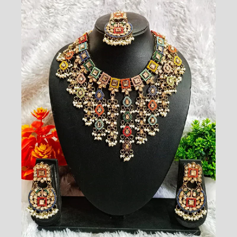 women’s diamond chain necklace-Rudraksh Art Gold Plated Crystal Stone And Pearls Necklace Set