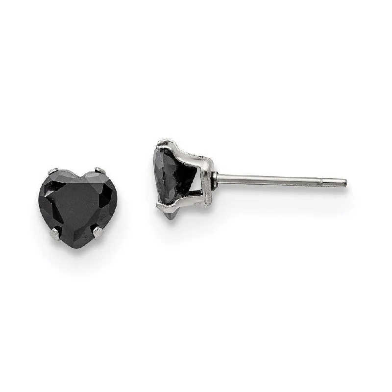 women’s minimalist earrings-Stainless Steel Polished 6mm Black Heart CZ Stud Post Earrings