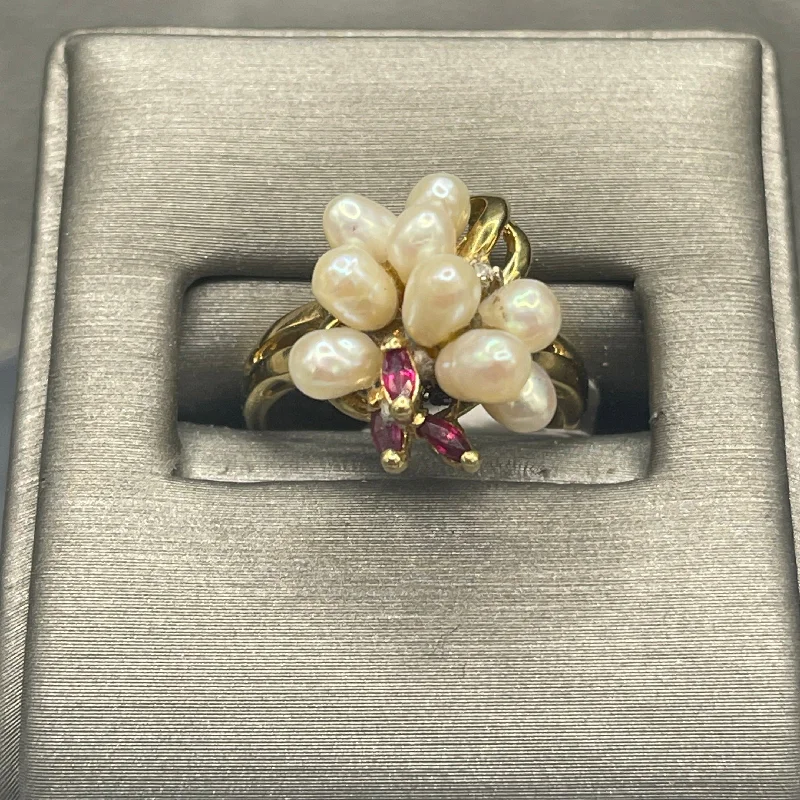 10 KARAT YELLOW GOLD WITH FRESHWATER PEARL, RUBY & DIAMOND RING