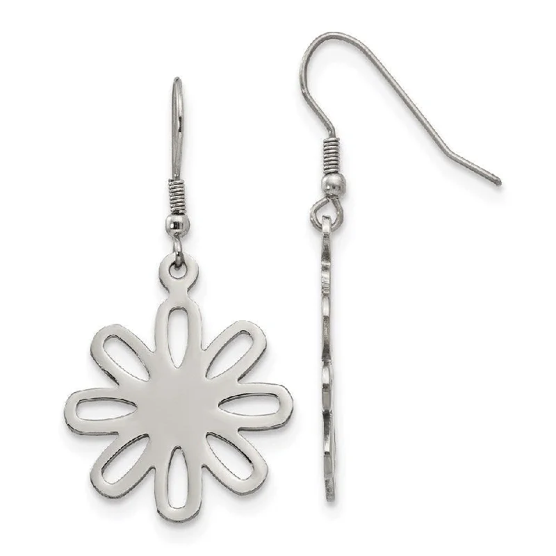 women’s custom birthstone earrings-Stainless Steel Polished Large Flower Dangle Earrings