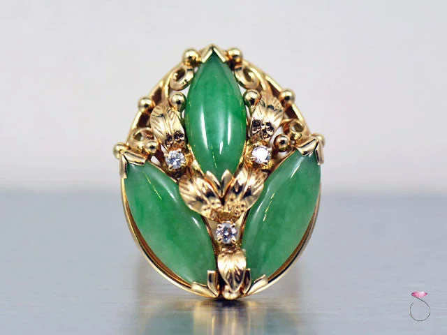 Ming's Hawaii Large 3 Stone Green Jade & Diamond Ring