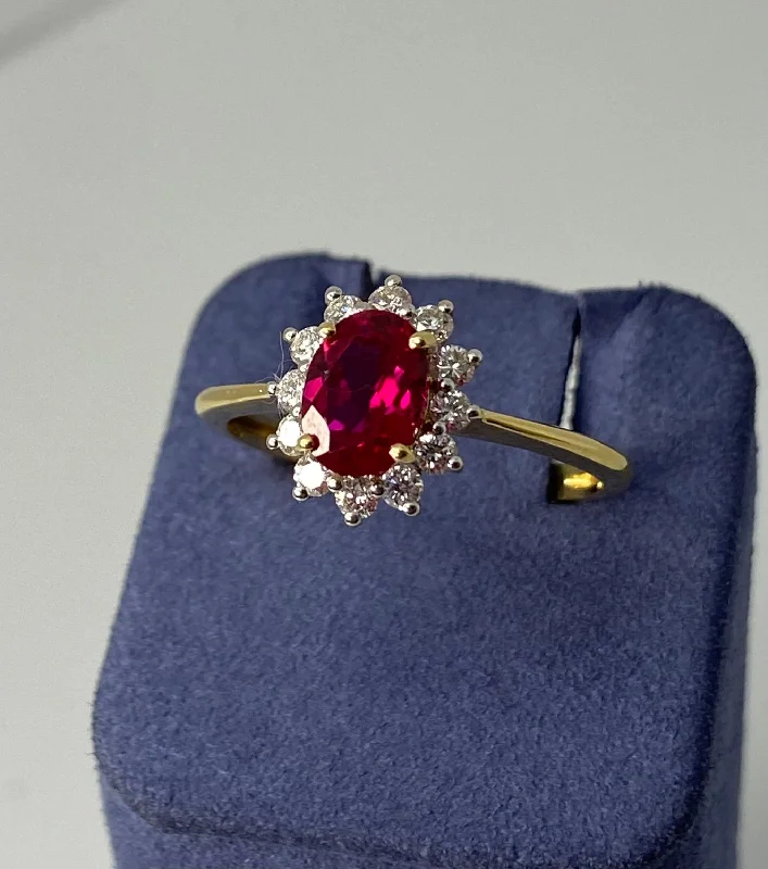 Yellow Gold Oval-Shape Natural Ruby and Diamond Ring