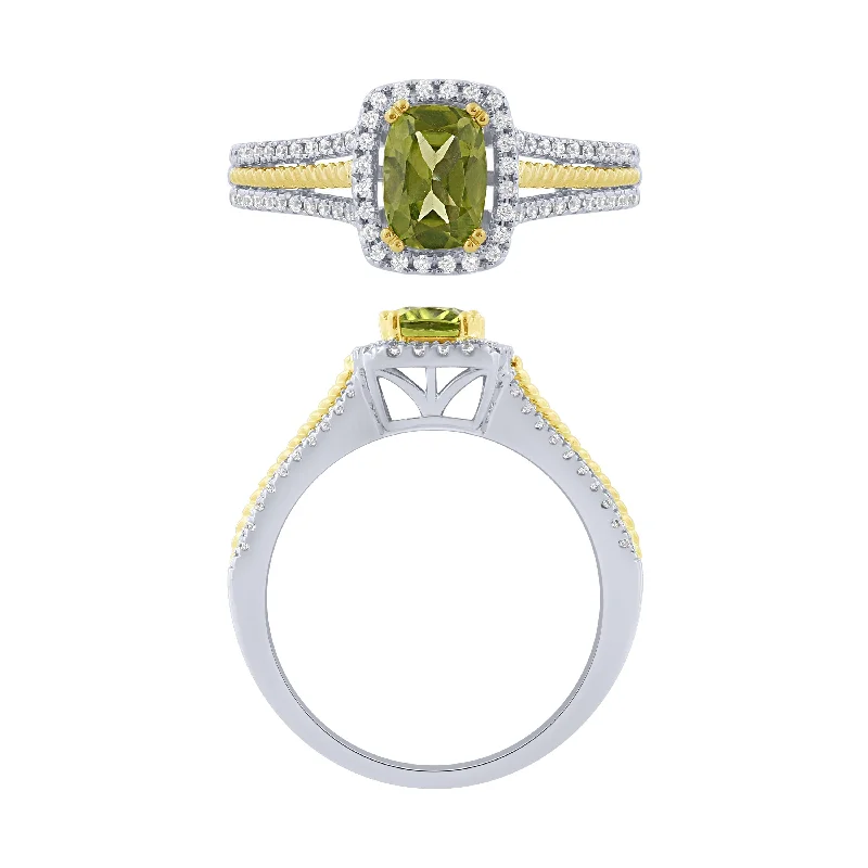 women’s trendy rings-14K Gold 1.02Ct Peridot And Diamond Halo Ring