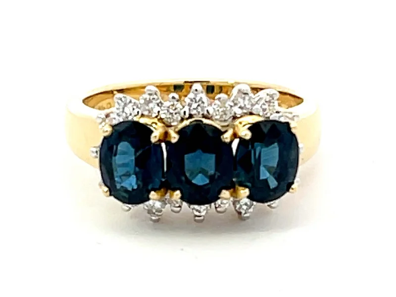 Three Oval Blue Sapphire and Diamond Ring in 18K Yellow Gold