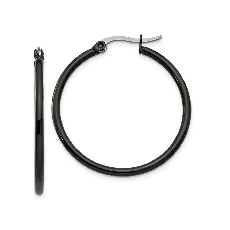 women’s circular earrings-Stainless Steel Black IP plated 32mm Hoop Earrings