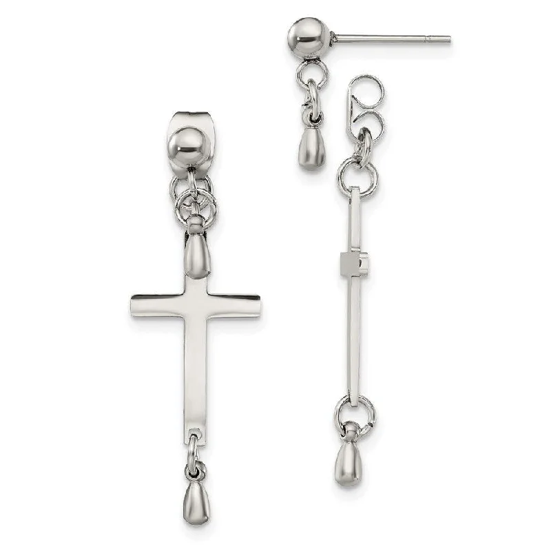 women’s luxury diamond drop earrings-Stainless Steel Polished Cross Dangle Front and Back Post Earrings