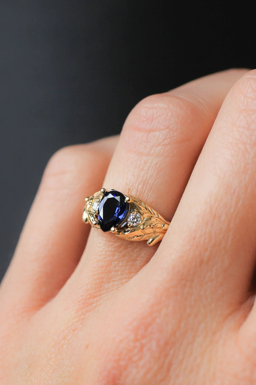 women’s diamond solitaire ring-Blue Sapphire Leaves Ring