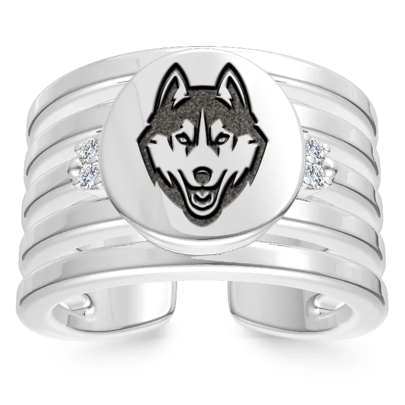 women’s vintage-inspired rings-UCONN Diamond Logo Engraved Multiband Ring in Sterling Silver