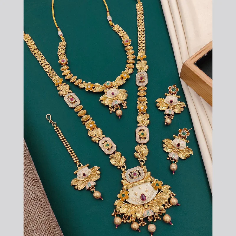 women’s butterfly necklace-Neetu Art Gold Plated Pota Stone Double Necklace Set