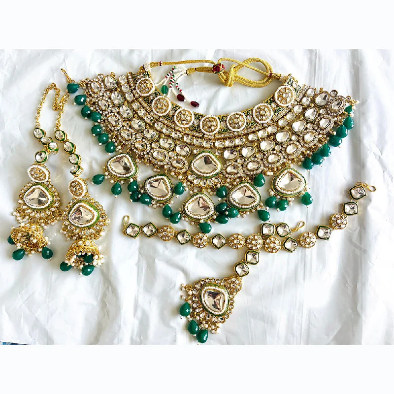 women’s monogram necklace-India Art Gold Plated Kundan Stone And Beads Choker Necklace Set