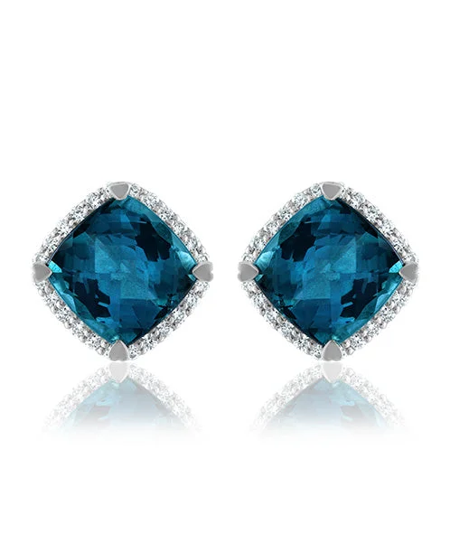 women’s stud earrings-London Blue Topaz Cushion Shaped Stud Earrings with Diamonds 290-JSA