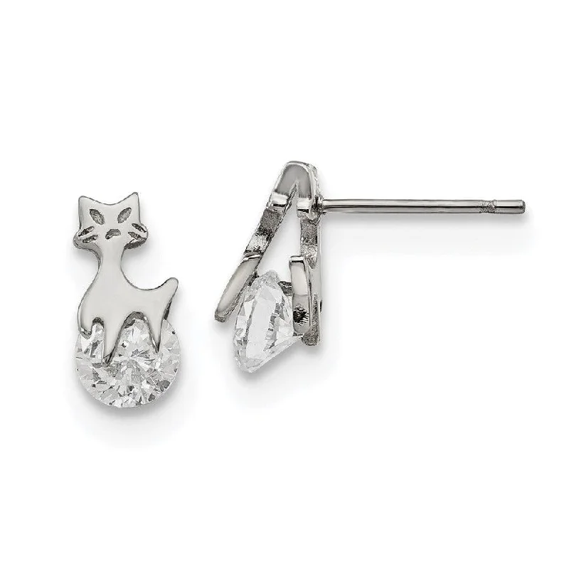 women’s adjustable earrings-Stainless Steel Polished w/CZ Cat Post Earrings