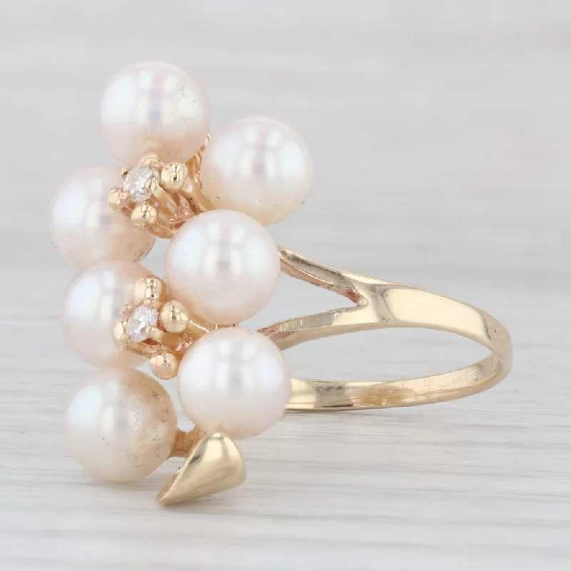 Cultured Pearl Cluster Diamond Ring 10k Yellow Gold Size 8 Floral