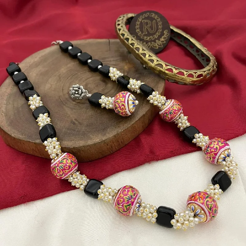 women’s sapphire necklace-FS Collection Oxidised Plated Meenakari And Pearls Long Necklace Set