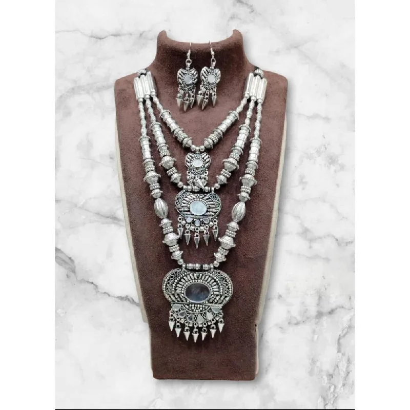 women’s long necklace-Akruti Collection Oxidised  Plated Long Mirror Necklace Set