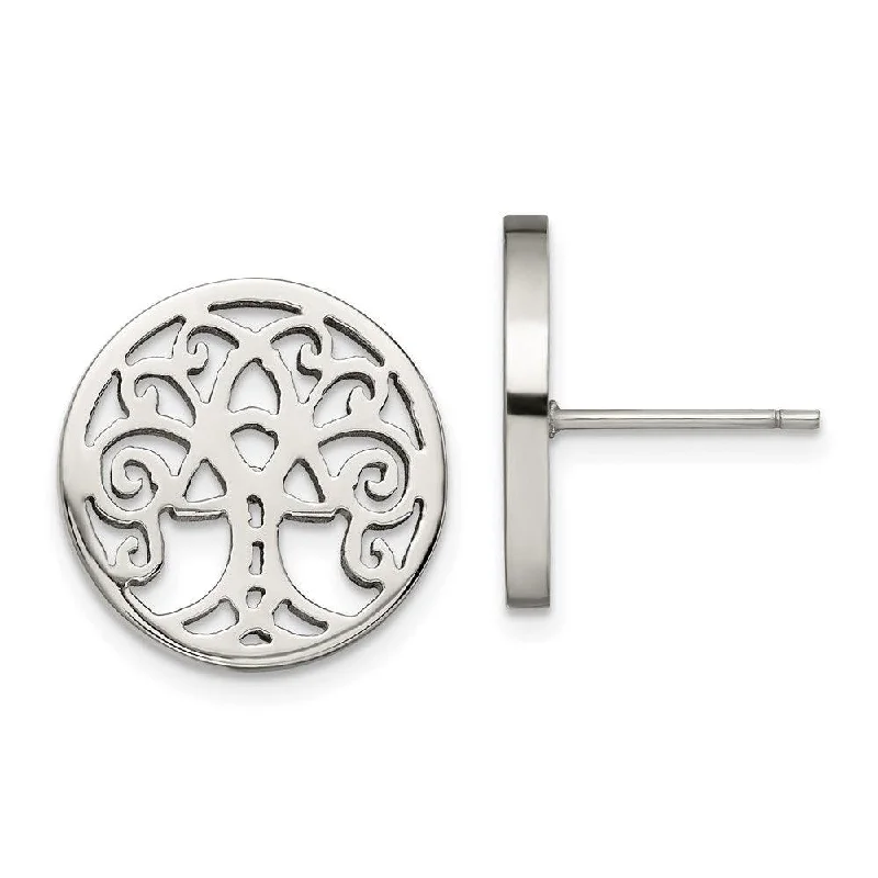 women’s diamond earrings-Stainless Steel Polished Tree of Life Post Earrings