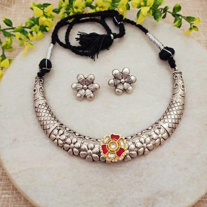 women’s religious necklace-FS Collection Oxidised Plated Kundan Stone Pearls Necklace