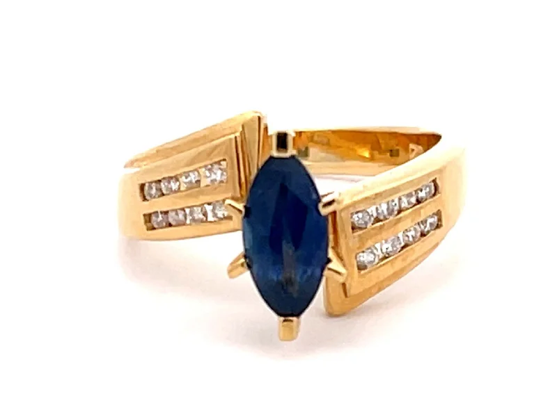 Vintage Marquise Blue Sapphire and Diamond Ring in 14k Yellow Gold