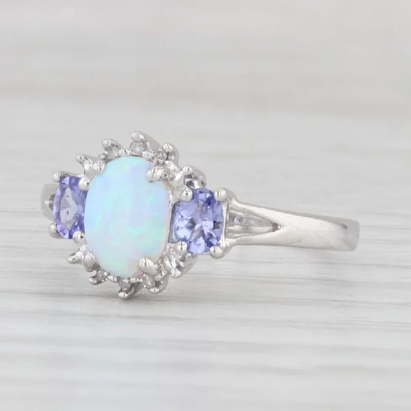 Lab Created Opal Tanzanite Diamond Ring 10k White Gold Size 7