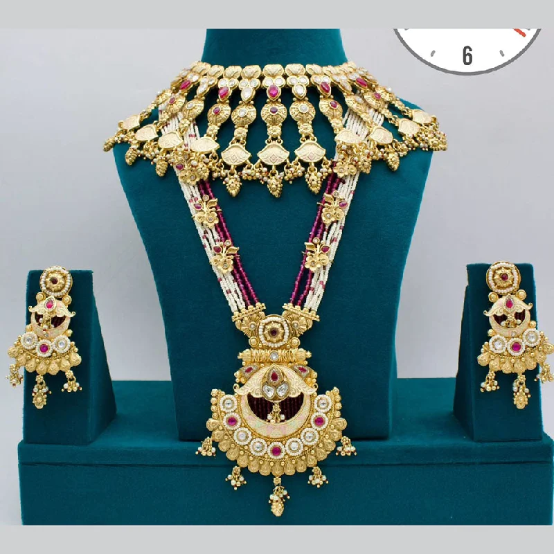 women’s luxury necklace-Kavita Art Gold Plated Pota Stone And Pearls Meenakari Double Necklace Set