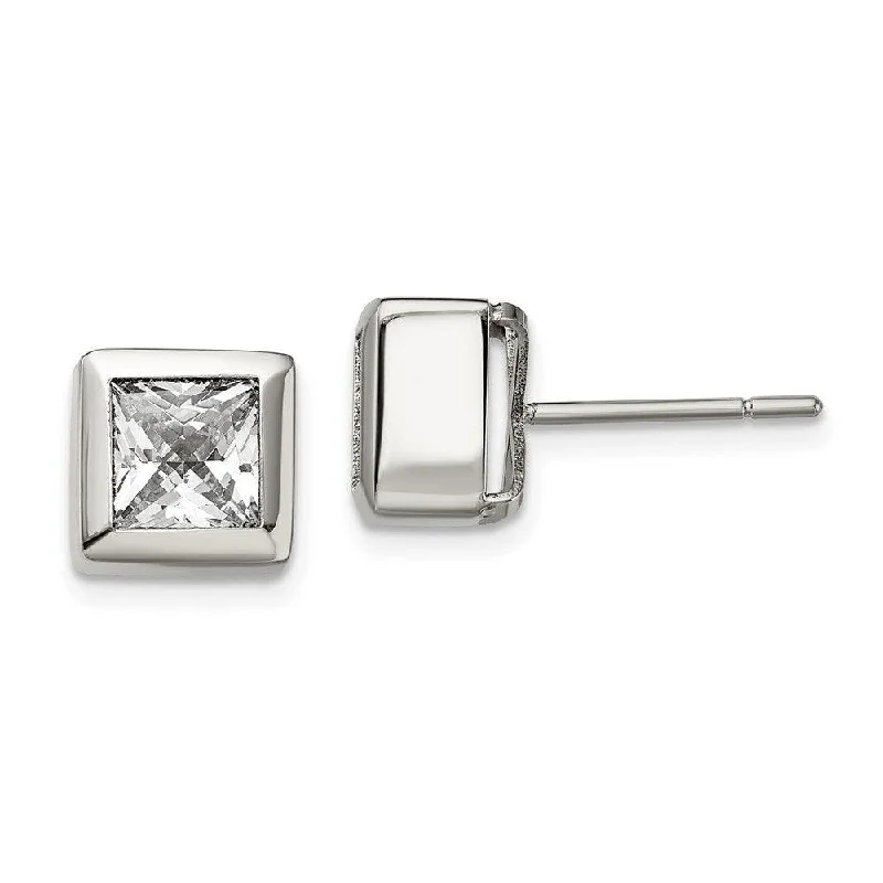 women’s long drop earrings-Stainless Steel Polished Square CZ Post Earrings