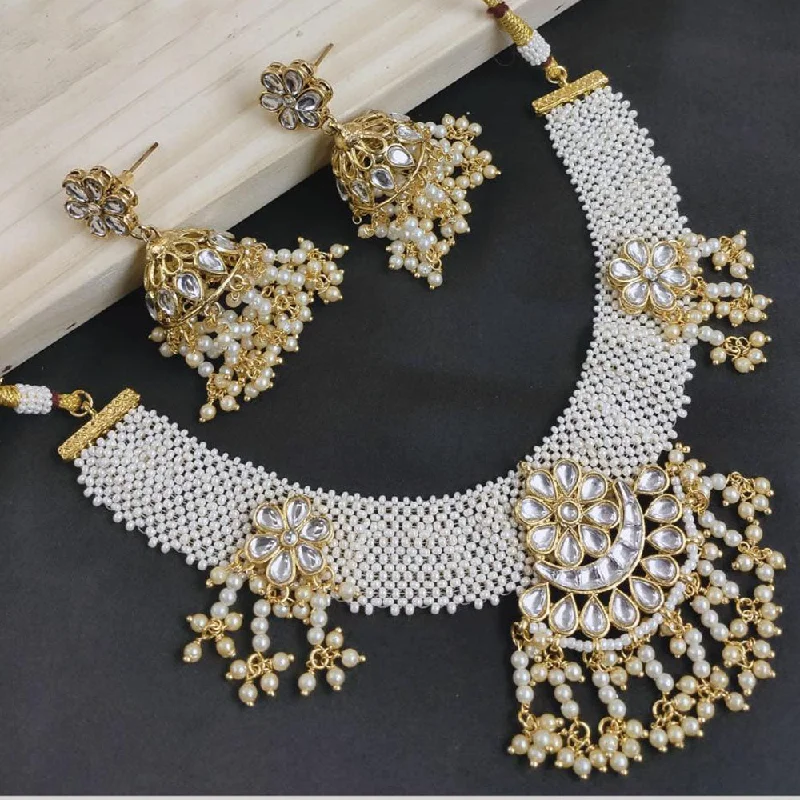 women’s double chain necklace-FS Collection Gold Plated Kundan Stone And Pearls Necklace Set