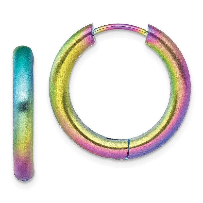 women’s unique earrings-Stainless Steel Brushed Rainbow IP-plated 3.5mm Hinged Hoop Earrings