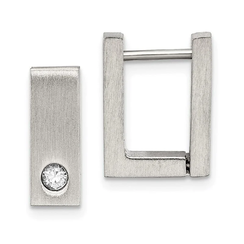 women’s oversized earrings-Stainless Steel CZ Brushed & Polished Square Hinged Hoop Earrings