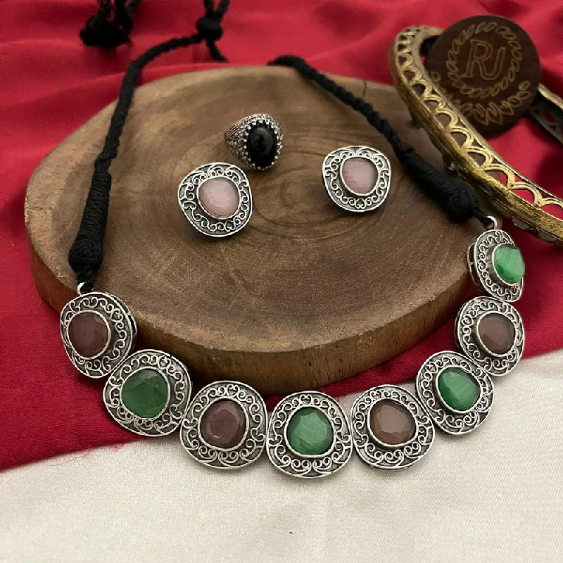 women’s trendy pendant necklace-FS Collection Oxidised Plated Pota Stone Necklace Set