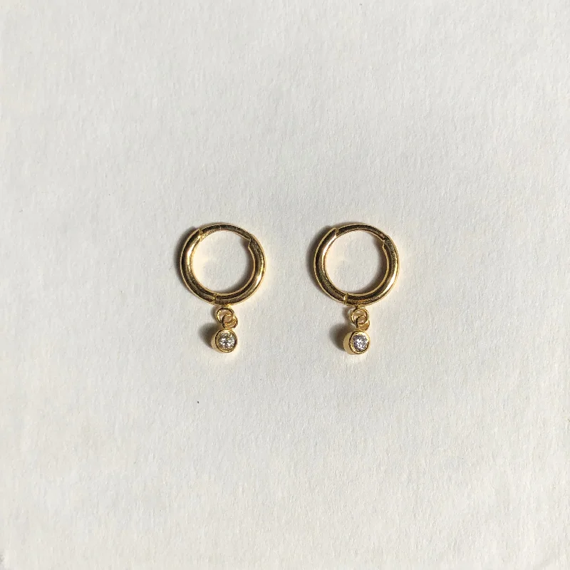 women’s vintage hoop earrings-Small Hoop Earrings with Hanging Diamonds, Solid 14k Gold, Single / Pair