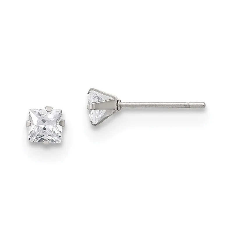 women’s birthday earrings-Stainless Steel Polished 4mm Square CZ Stud Post Earrings