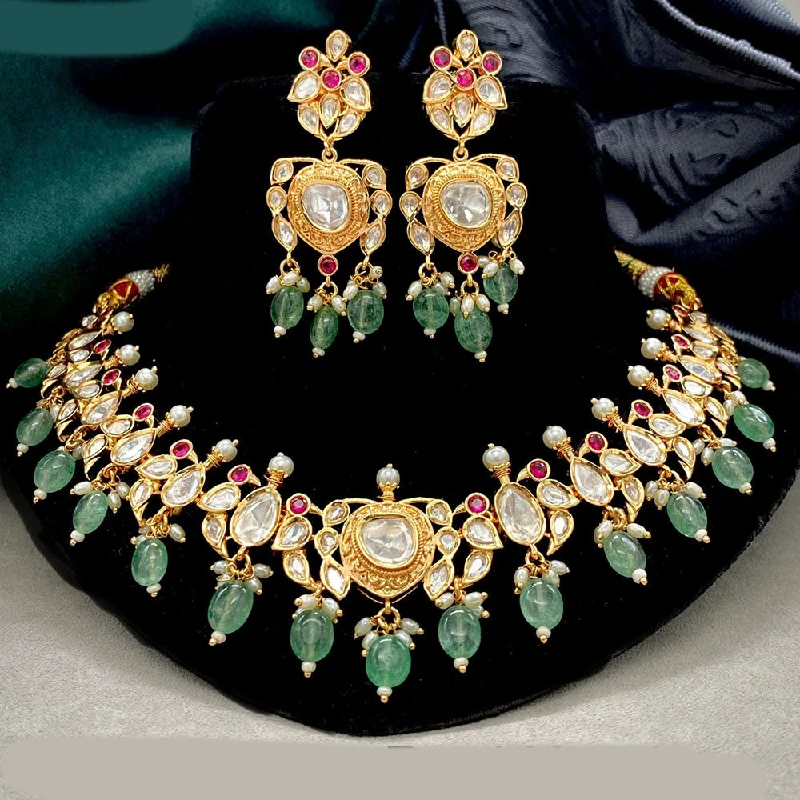 women’s crystal heart necklace-Royal Kundan Jewellery Gold Plated Polki Kundan And Beads Choker Necklace Set