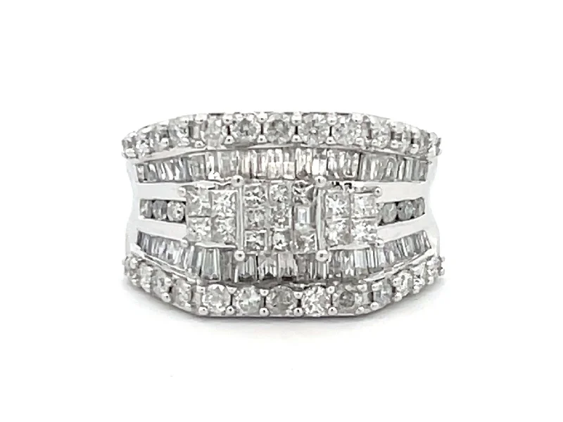 Large Baguette, Round and Princess Cut Diamond Ring in 14k White Gold