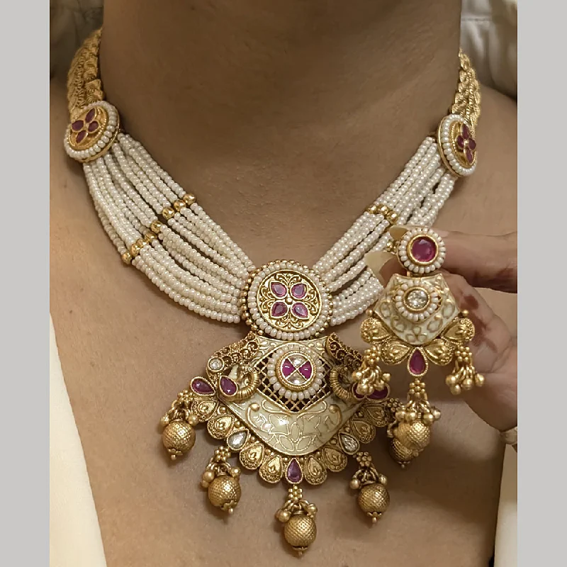 women’s letter pendant necklace-FS Collection Gold Plated Pota Stone And Pearls Meenakari Necklace Set