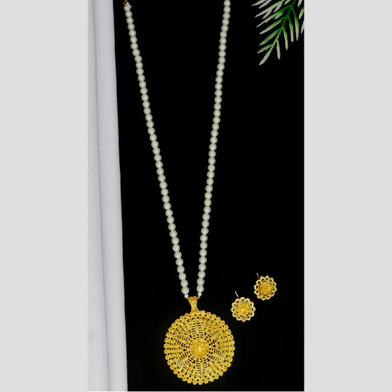 women’s gemstone layered necklace-Mahavir Gold Plated Pearls Long Necklace Set